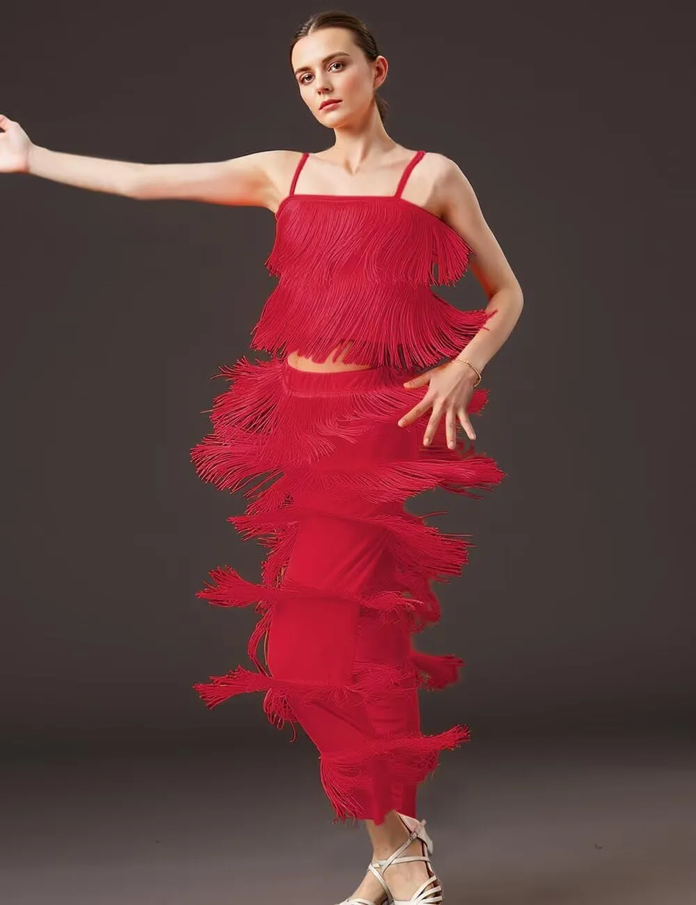 Women's Latin Tassel Dance top and Pant 2 Piece Sets for Ballroom Rumba Tango Salsa