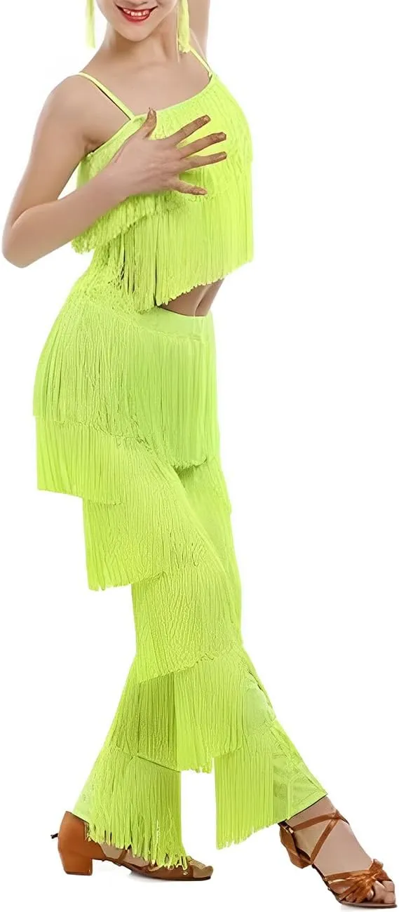 Women's Latin Tassel Dance top and Pant 2 Piece Sets for Ballroom Rumba Tango Salsa