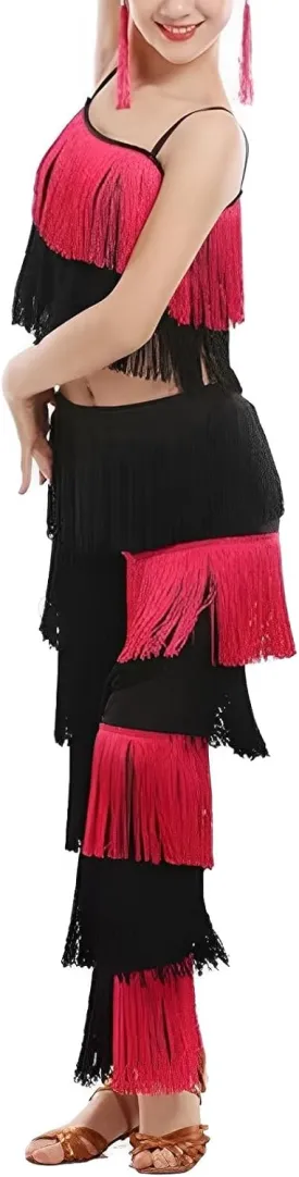 Women's Latin Tassel Dance top and Pant 2 Piece Sets for Ballroom Rumba Tango Salsa