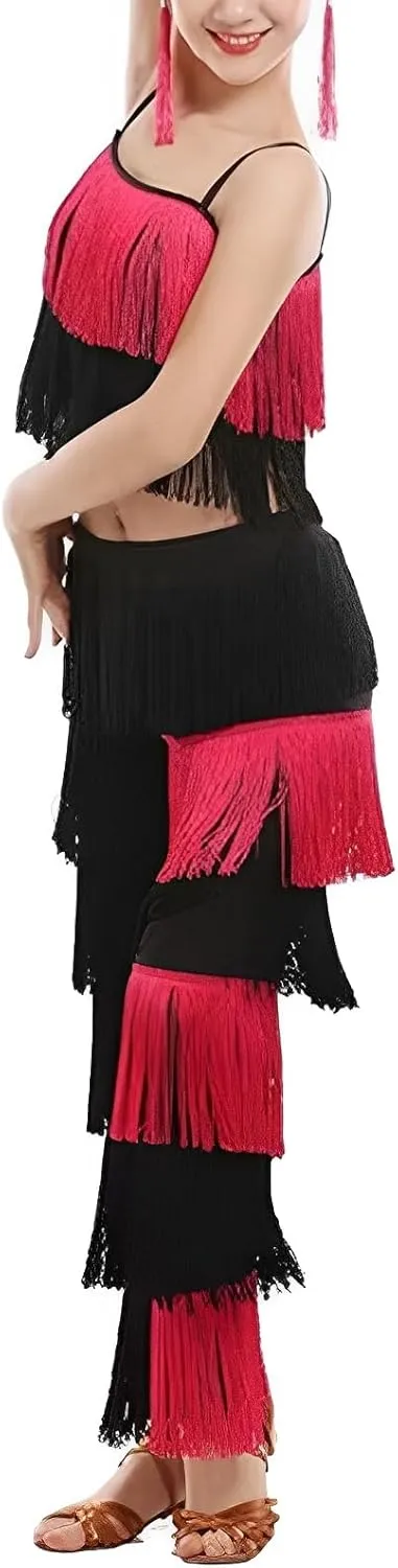 Women's Latin Tassel Dance top and Pant 2 Piece Sets for Ballroom Rumba Tango Salsa