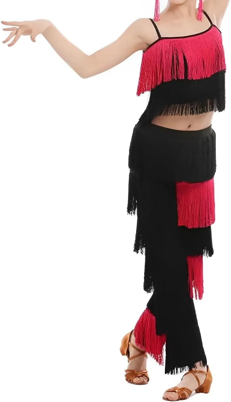 Women's Latin Tassel Dance top and Pant 2 Piece Sets for Ballroom Rumba Tango Salsa