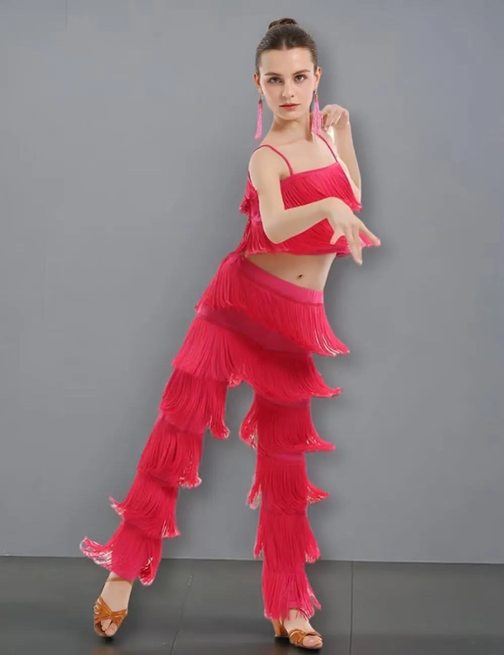 Women's Latin Tassel Dance top and Pant 2 Piece Sets for Ballroom Rumba Tango Salsa
