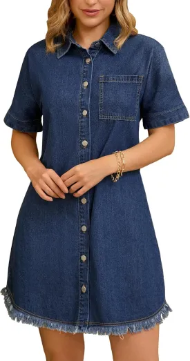 Women's Short Sleeve Denim Dress Summer Collared Button Front Jean Shirt Dresses