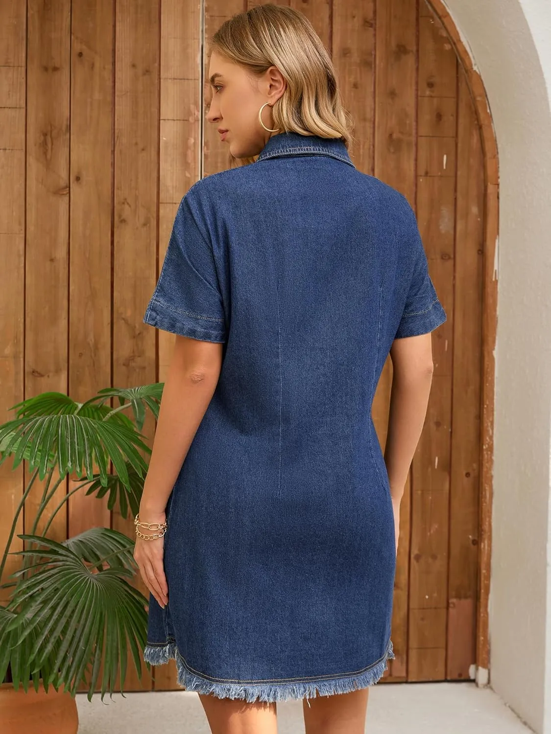 Women's Short Sleeve Denim Dress Summer Collared Button Front Jean Shirt Dresses