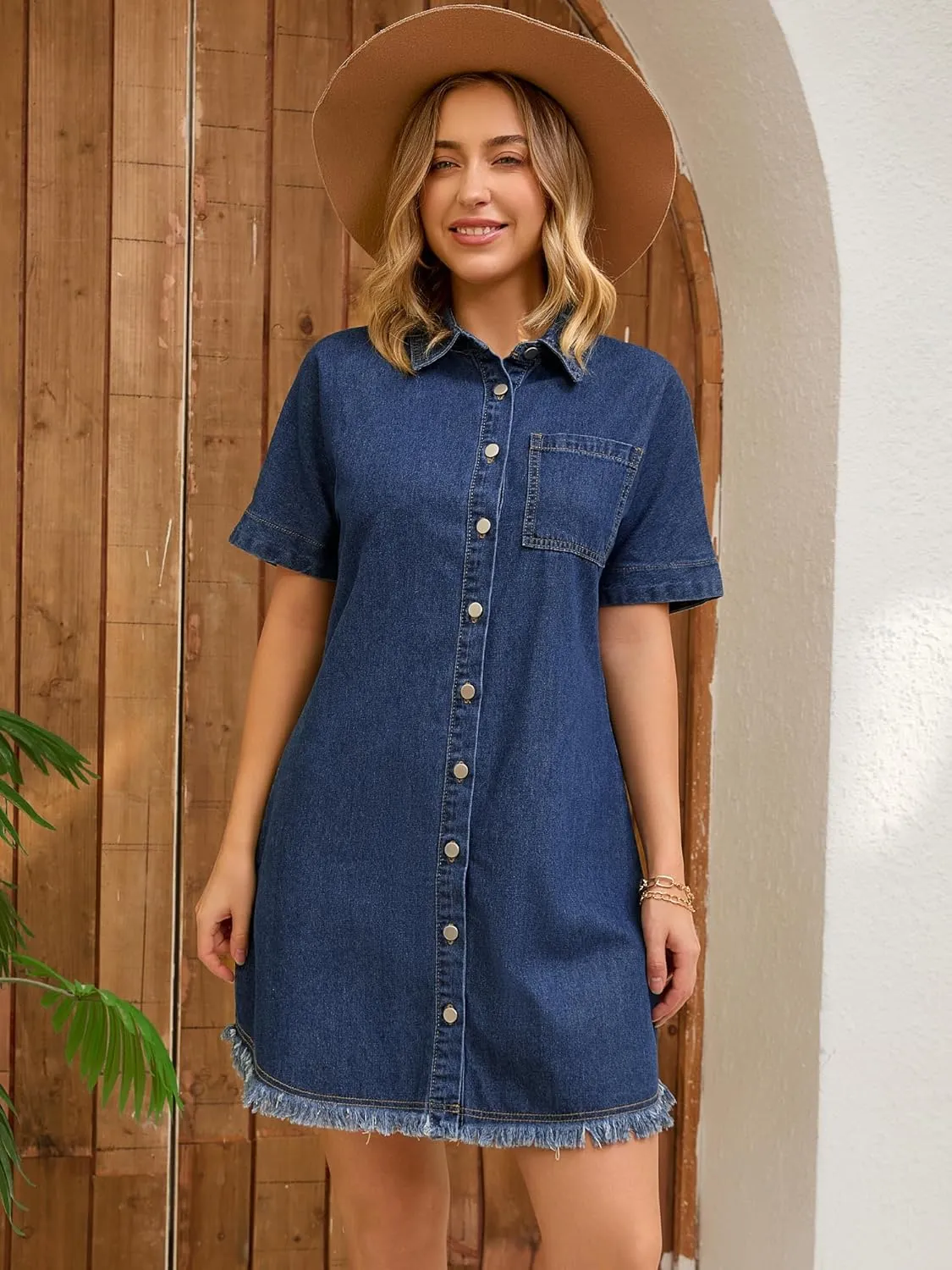 Women's Short Sleeve Denim Dress Summer Collared Button Front Jean Shirt Dresses
