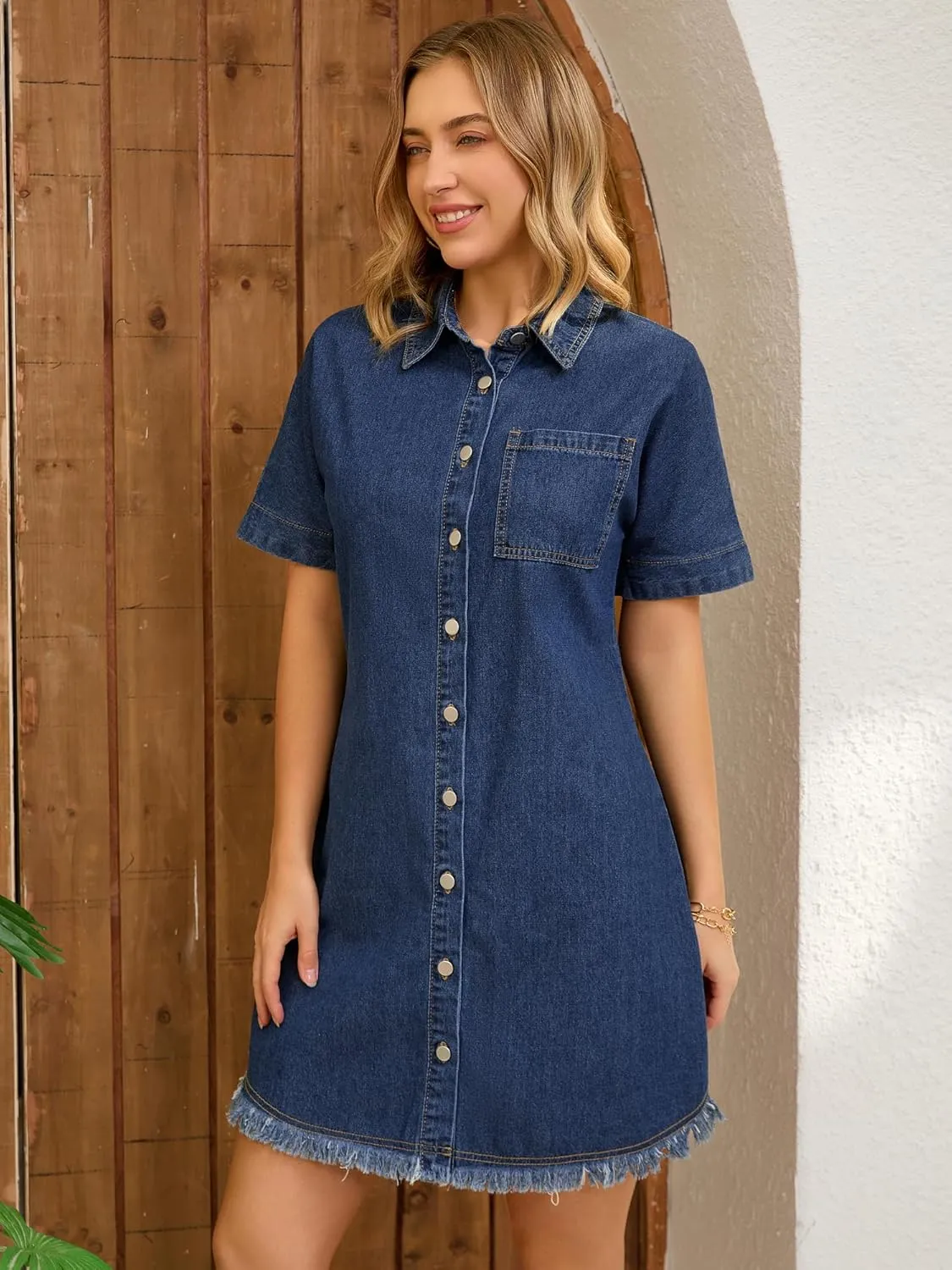 Women's Short Sleeve Denim Dress Summer Collared Button Front Jean Shirt Dresses