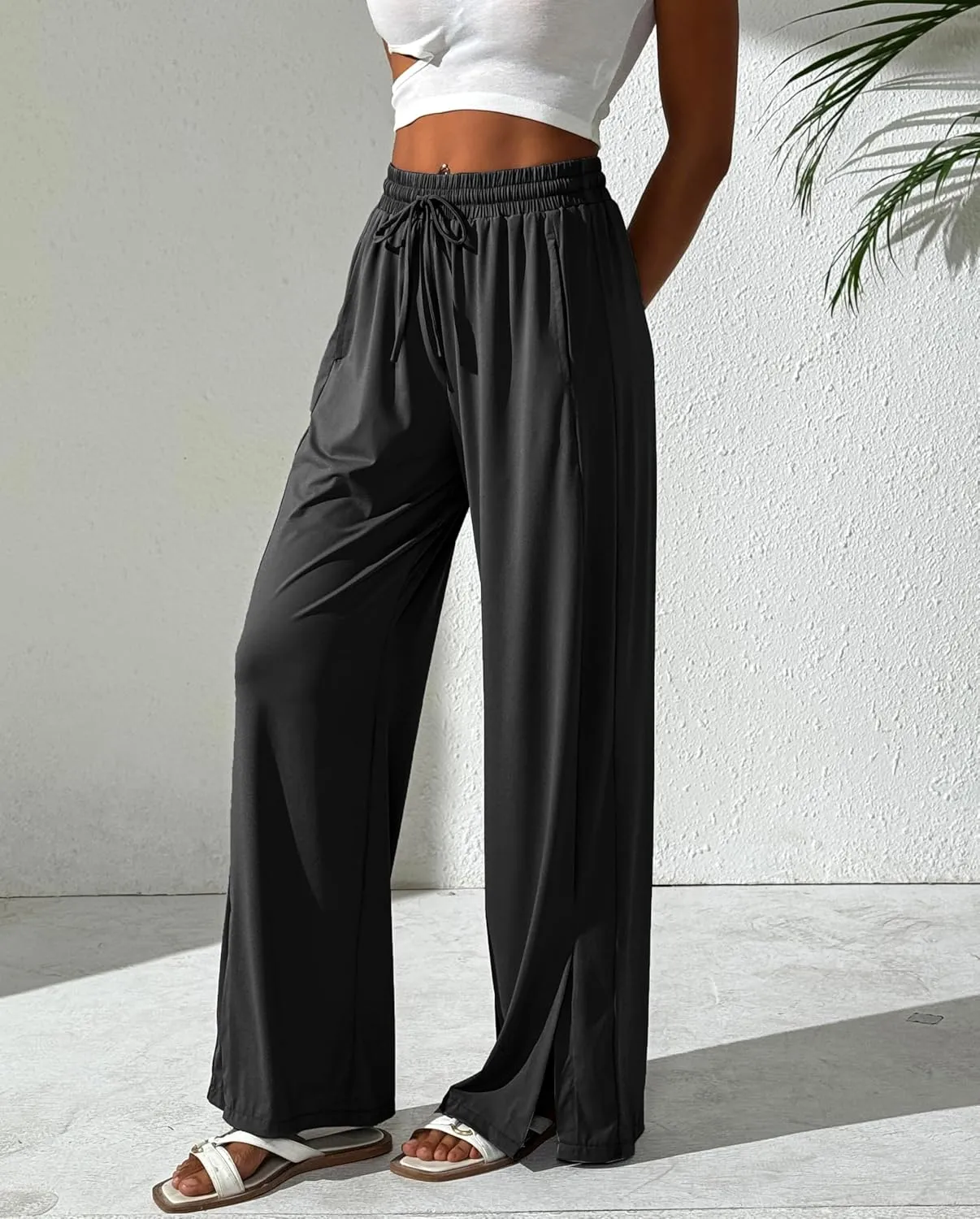 Women's Summer Pants Cool Silky Comfy Wide Leg Split Stretch Casual Lounge Beach Trouser with Pockets