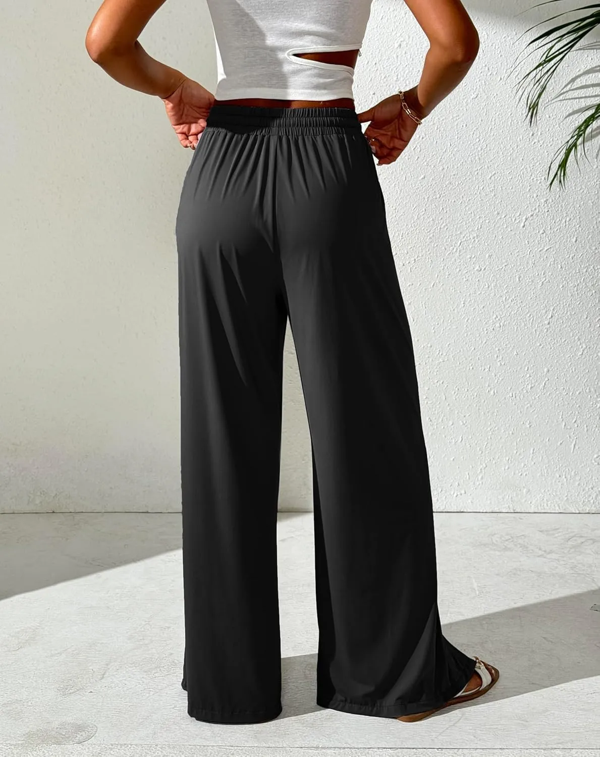 Women's Summer Pants Cool Silky Comfy Wide Leg Split Stretch Casual Lounge Beach Trouser with Pockets