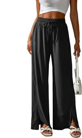 Women's Summer Pants Cool Silky Comfy Wide Leg Split Stretch Casual Lounge Beach Trouser with Pockets