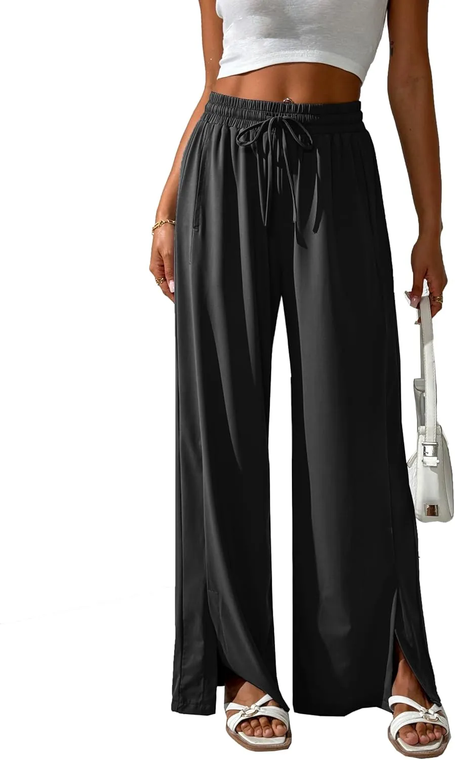 Women's Summer Pants Cool Silky Comfy Wide Leg Split Stretch Casual Lounge Beach Trouser with Pockets