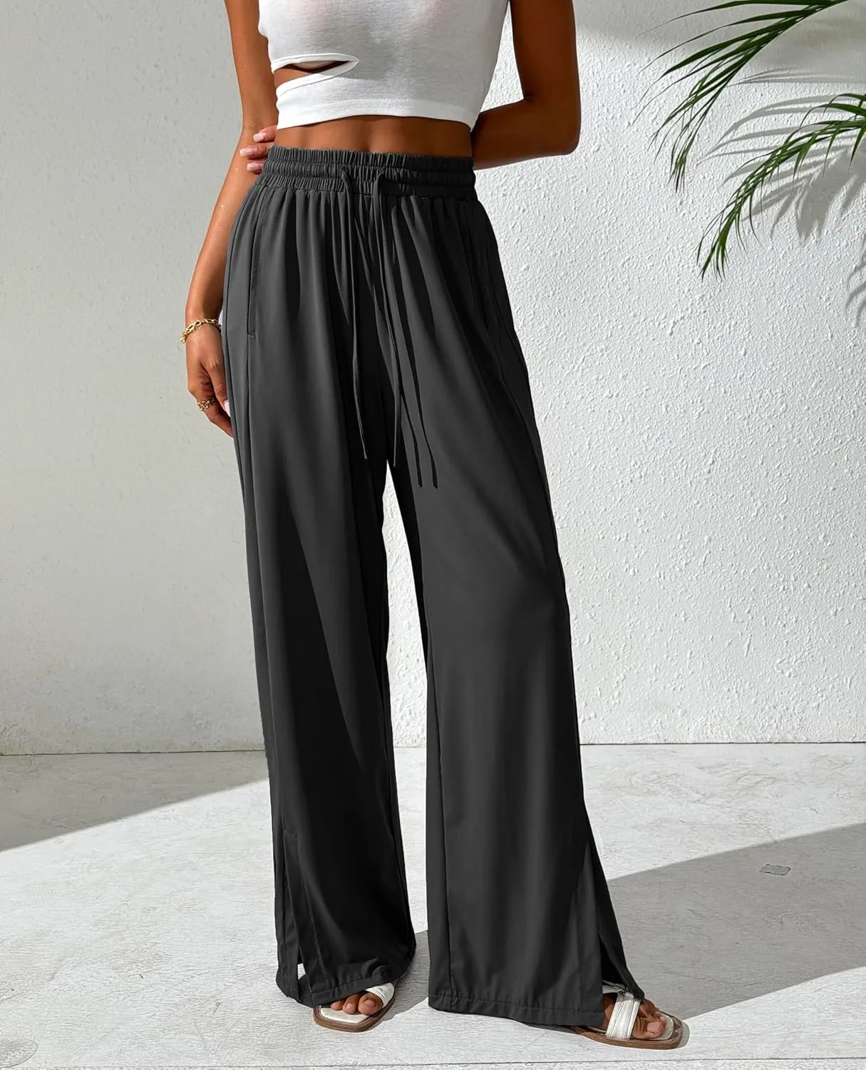 Women's Summer Pants Cool Silky Comfy Wide Leg Split Stretch Casual Lounge Beach Trouser with Pockets