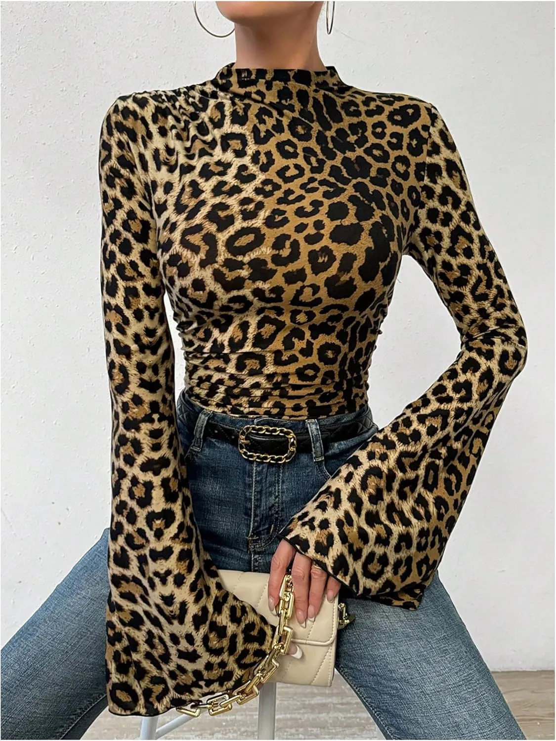 Women's Y2K Leopard Print Top Mock Neck Ruched Shirt Cheetah Print Tee Shirt Long Bell Sleeve Slim Fit T Shirt