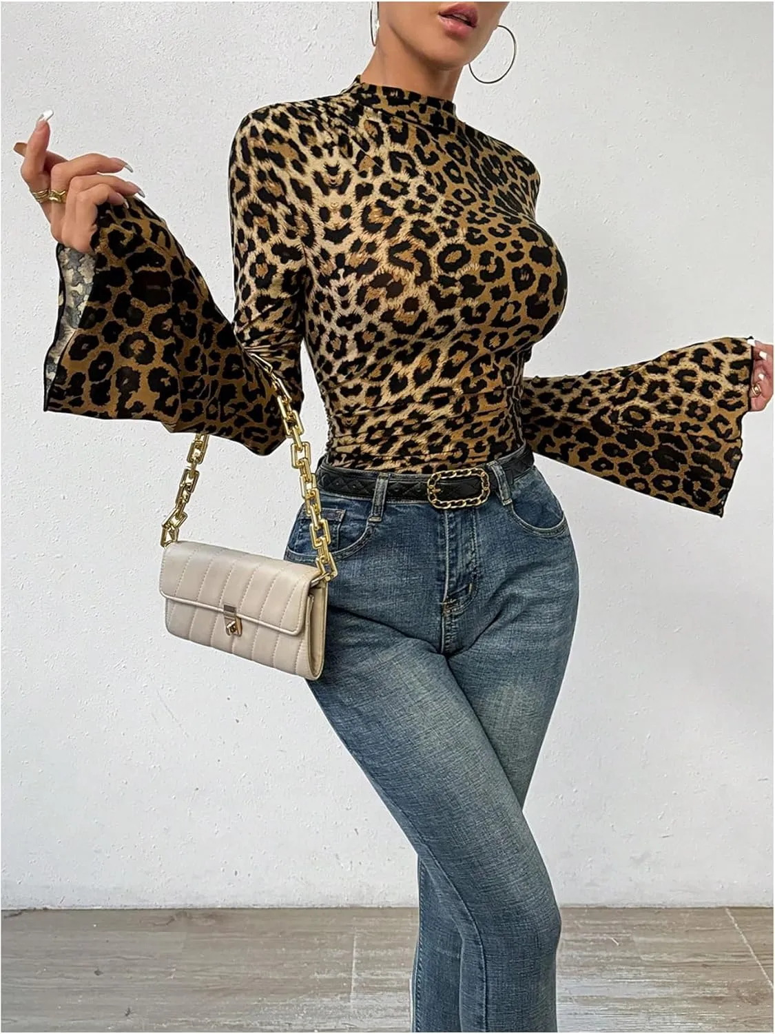 Women's Y2K Leopard Print Top Mock Neck Ruched Shirt Cheetah Print Tee Shirt Long Bell Sleeve Slim Fit T Shirt