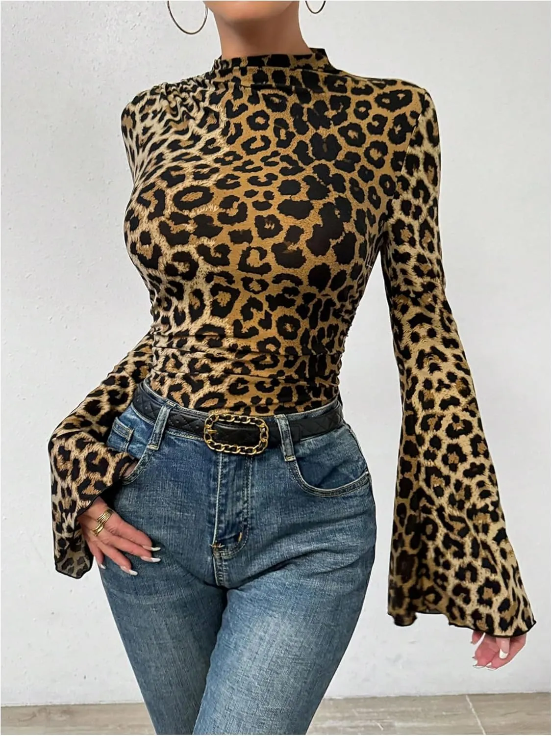 Women's Y2K Leopard Print Top Mock Neck Ruched Shirt Cheetah Print Tee Shirt Long Bell Sleeve Slim Fit T Shirt
