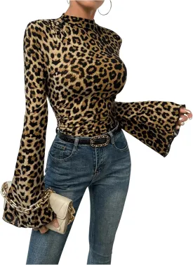 Women's Y2K Leopard Print Top Mock Neck Ruched Shirt Cheetah Print Tee Shirt Long Bell Sleeve Slim Fit T Shirt