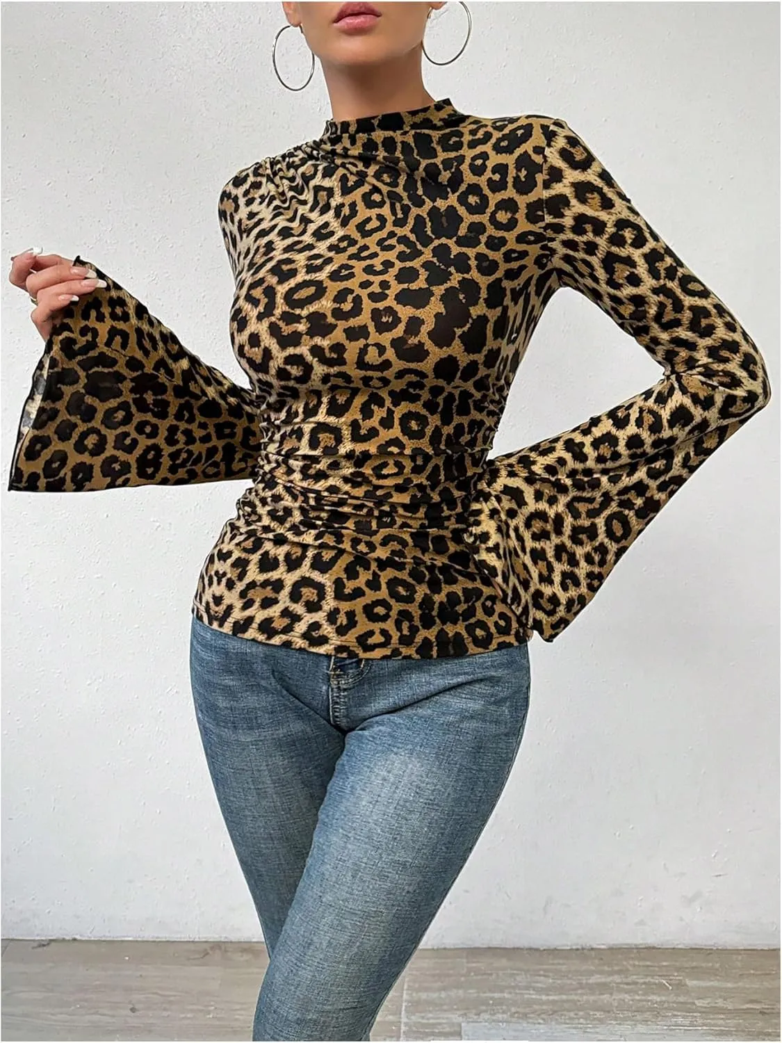 Women's Y2K Leopard Print Top Mock Neck Ruched Shirt Cheetah Print Tee Shirt Long Bell Sleeve Slim Fit T Shirt