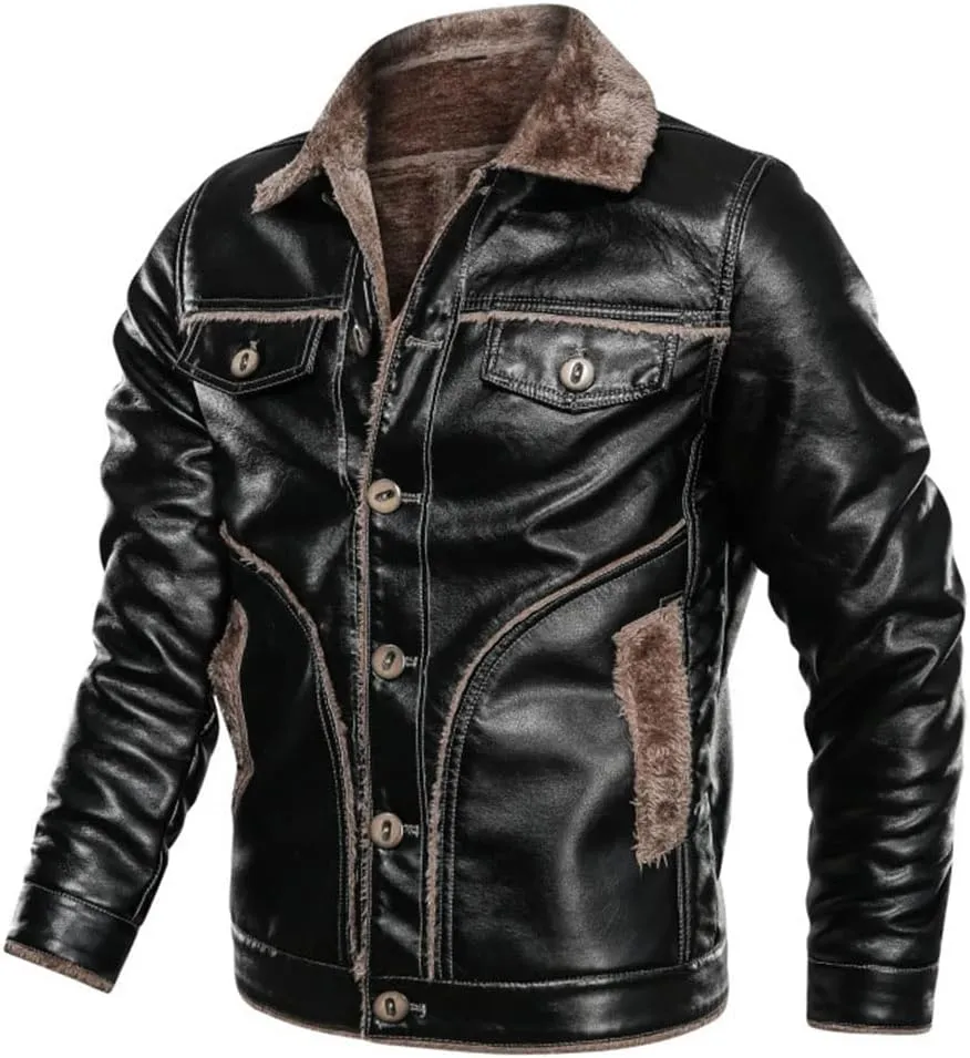 XYGJZ Men's PU Leather Jacket Fleece Lined Winter Lapel Sherpa Thicken Oversized Faux Leather Motorcycle Coat Outwear S-3XL