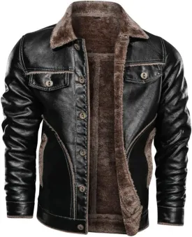 XYGJZ Men's PU Leather Jacket Fleece Lined Winter Lapel Sherpa Thicken Oversized Faux Leather Motorcycle Coat Outwear S-3XL