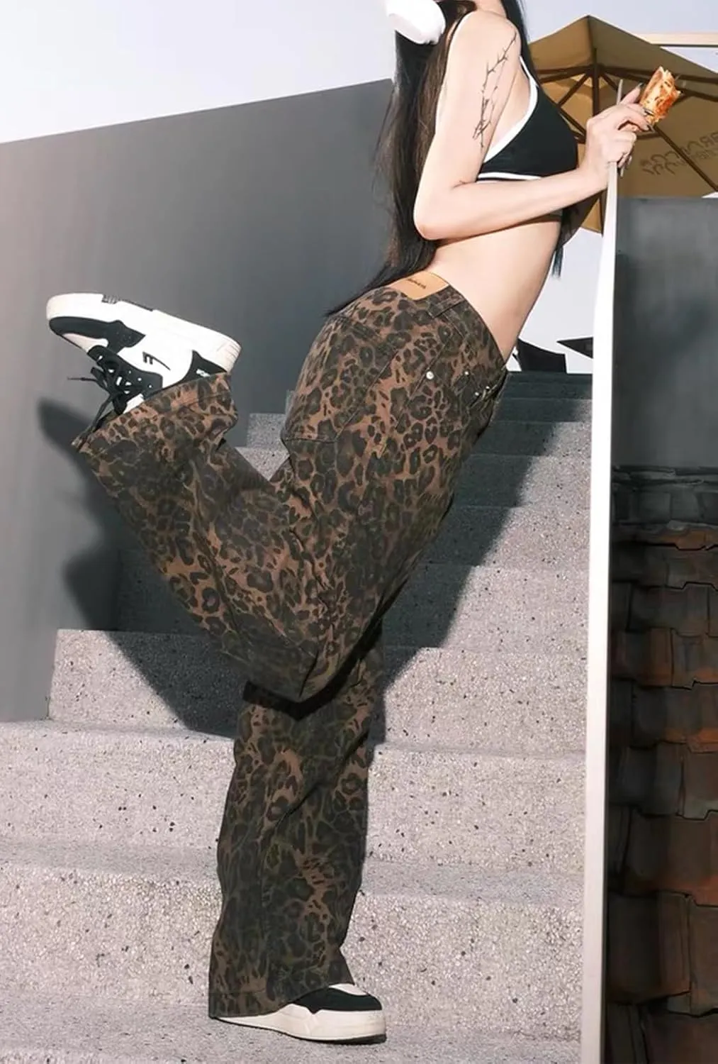 Y2k Jeans Cheetah Print Jeans Oversized Wide Leg High Waisted Cargo Pants Leopard Print Pants for Women
