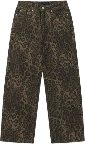 Y2k Jeans Cheetah Print Jeans Oversized Wide Leg High Waisted Cargo Pants Leopard Print Pants for Women