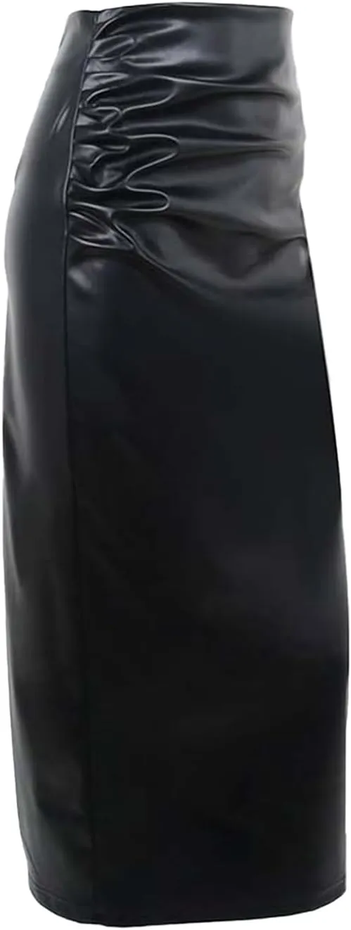 YiZYiF Women's Pencil Skirt High Waist Split Wet Look Faux Leather Midi Skirt Office Skirt Clubwear