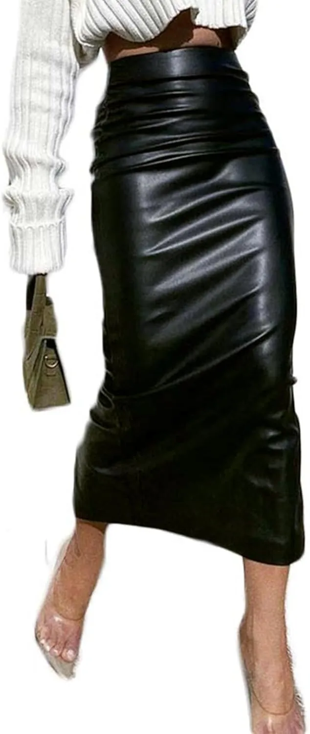 YiZYiF Women's Pencil Skirt High Waist Split Wet Look Faux Leather Midi Skirt Office Skirt Clubwear