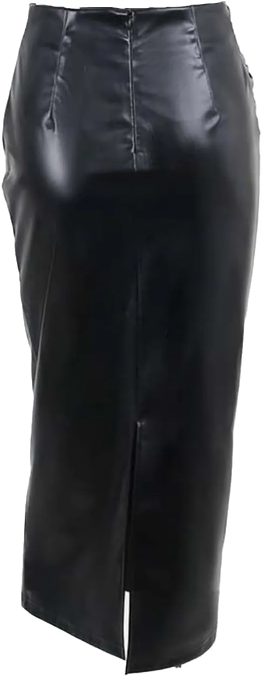 YiZYiF Women's Pencil Skirt High Waist Split Wet Look Faux Leather Midi Skirt Office Skirt Clubwear
